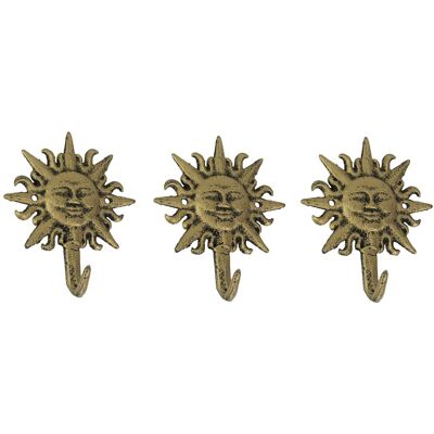 Zeckos - Set of 3 Cast Iron Sun Face Decorative Wall Hooks Towel Coat Hanger Rack - Gold Zeckos - Set of 3 Cast Iron Sun Face Decorative Wall Hooks Towel Coat Hanger Rack - Gold