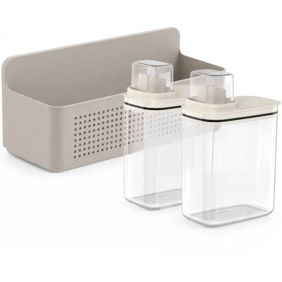 OU - Laundry Detergent Dispenser & Wall Rack Set, 2‑Pack 50 oz Clear Soap Dispensers w/ Measuring Cap & Hanging Storage Rack - Beige OU - Laundry Detergent Dispenser & Wall Rack Set, 2‑Pack 50 oz Clear Soap Dispensers w/ Measuring Cap & Hanging Storage Rack - Beige