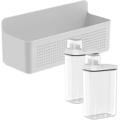 OU - Laundry Detergent Dispenser & Wall Rack Set, 2‑Pack 77 oz Soap Dispensers with Measuring Cap & Hanging Storage Organizer - White OU - Laundry Detergent Dispenser & Wall Rack Set, 2‑Pack 77 oz Soap Dispensers with Measuring Cap & Hanging Storage Organizer - White