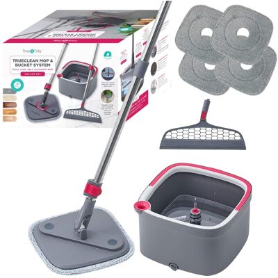 True & Tidy - Deluxe Spin Mop Dual Bucket True Clean System With Silicone Sweeper And Two Extra Mop Pads - Gray True & Tidy - Deluxe Spin Mop Dual Bucket True Clean System With Silicone Sweeper And Two Extra Mop Pads - Gray