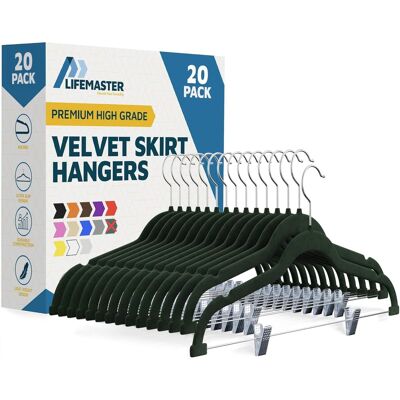 Lifemaster - Velvet Skirt Hangers – Adjustable Clips, Swivel Hook, Non-Slip Notch, Holds 10 lbs, Pack of 20 - Green Lifemaster - Velvet Skirt Hangers – Adjustable Clips, Swivel Hook, Non-Slip Notch, Holds 10 lbs, Pack of 20 - Green