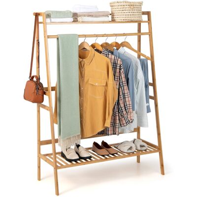Costway - 2-Tier Bamboo Garment Rack Clothing Storage Organizer Coat Hanger w/ Rod & Hooks - Natural Costway - 2-Tier Bamboo Garment Rack Clothing Storage Organizer Coat Hanger w/ Rod & Hooks - Natural