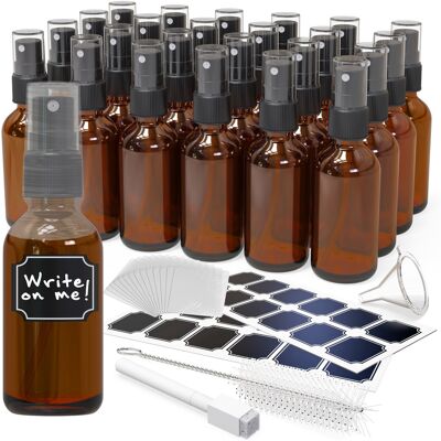 Nevlers - 2 Oz. Amber Glass Spray Bottles with Funnel, Brush, Shrink Wrap, Marker and Labels (Pack of 24) Nevlers - 2 Oz. Amber Glass Spray Bottles with Funnel, Brush, Shrink Wrap, Marker and Labels (Pack of 24)