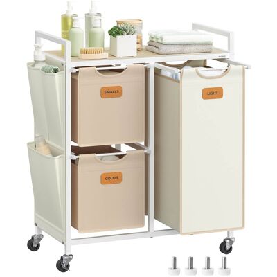 Songmics Home - Laundry Hamper with 3 Compartments, 100 L, Rolling Laundry Cart with Shelves, Removable Liners, 6 Labels, Natural Beige - Camel Brown and Cream White Songmics Home - Laundry Hamper with 3 Compartments, 100 L, Rolling Laundry Cart with Shelves, Removable Liners, 6 Labels, Natural Beige - Camel Brown and Cream White