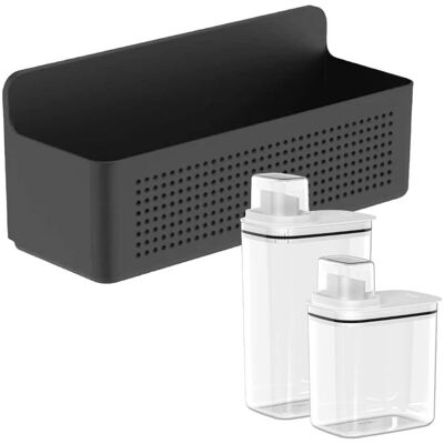 OU - Laundry Detergent Dispenser Set with Wall Rack, 50 oz & 77 oz Soap/Fabric Softener Dispensers with Measuring Cap - Black OU - Laundry Detergent Dispenser Set with Wall Rack, 50 oz & 77 oz Soap/Fabric Softener Dispensers with Measuring Cap - Black