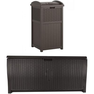 Suncast - Trash Hideaway Resin Wicker Style Garbage Bin & 99 Gallon Deck Box - Java Suncast - Trash Hideaway Resin Wicker Style Garbage Bin & 99 Gallon Deck Box - Java