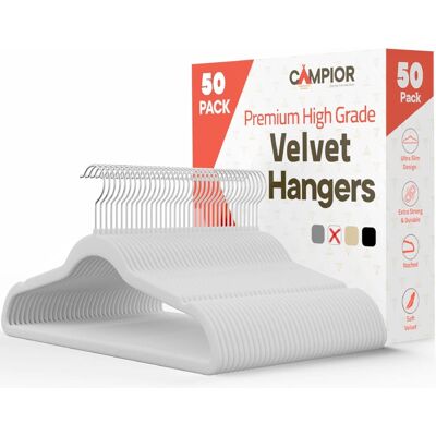 Campior - Velvet Hangers – 50-Pack, 360° Swivel Hook, Non-Slip, Space-Saving, Holds 11 lbs, Smooth Finish - White Campior - Velvet Hangers – 50-Pack, 360° Swivel Hook, Non-Slip, Space-Saving, Holds 11 lbs, Smooth Finish - White