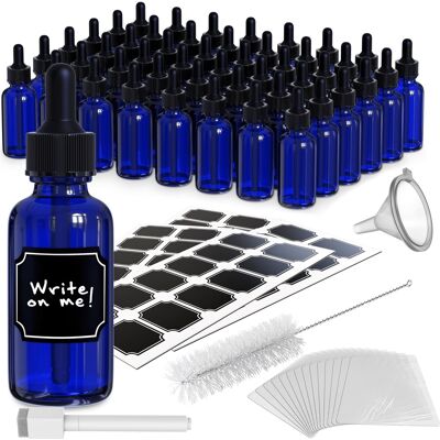 Nevlers - 1 Oz. Glass Dropper Bottles with Funnel, Brush, Shrink Wrap, Marker and Labels (Pack of 48) - Blue Nevlers - 1 Oz. Glass Dropper Bottles with Funnel, Brush, Shrink Wrap, Marker and Labels (Pack of 48) - Blue