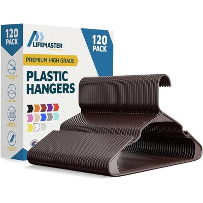 Lifemaster - Plastic Hangers – Heavy Duty, Non-Slip, Space-Saving, Holds 5 lbs, for Clothes, Dresses & Coats, Pack of 120 - Brown Lifemaster - Plastic Hangers – Heavy Duty, Non-Slip, Space-Saving, Holds 5 lbs, for Clothes, Dresses & Coats, Pack of 120 - Brown