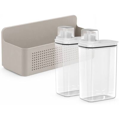 OU - Laundry Detergent Dispenser & Wall Rack Set, 2‑Pack 77 oz Soap Dispensers with Measuring Cap & Hanging Storage Organizer - Beige OU - Laundry Detergent Dispenser & Wall Rack Set, 2‑Pack 77 oz Soap Dispensers with Measuring Cap & Hanging Storage Organizer - Beige