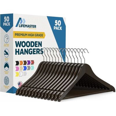 Lifemaster - Wooden Clothes Hangers – 50-Pack, 360° Swivel Hook, Non-Slip Notch, Pants Bar, Holds 10 lbs, for Suits, Coats & Dresses - Vintage Lifemaster - Wooden Clothes Hangers – 50-Pack, 360° Swivel Hook, Non-Slip Notch, Pants Bar, Holds 10 lbs, for Suits, Coats & Dresses - Vintage
