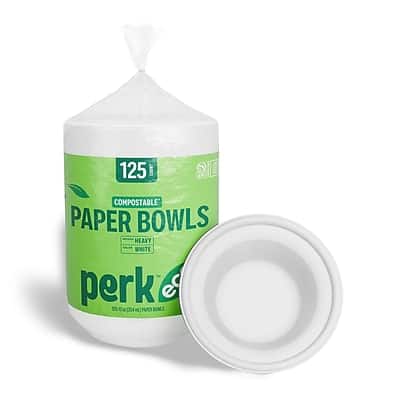 Perk - Eco Compostable Paper Bowls, 12 Oz., 125/Pack - White Perk - Eco Compostable Paper Bowls, 12 Oz., 125/Pack - White