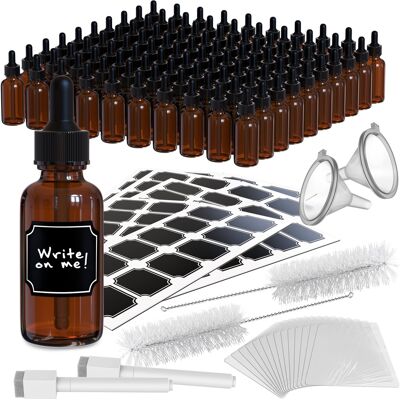Nevlers - 1 Oz. Glass Dropper Bottles with Funnel, Brush, Shrink Wrap, Marker and Labels (Pack of 100) - Amber Nevlers - 1 Oz. Glass Dropper Bottles with Funnel, Brush, Shrink Wrap, Marker and Labels (Pack of 100) - Amber
