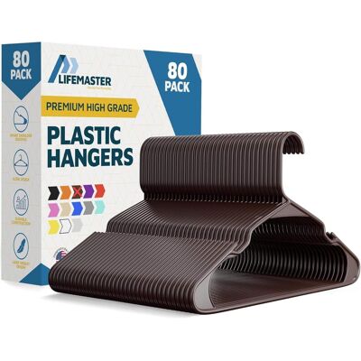 Lifemaster - Plastic Hangers – Heavy Duty, Non-Slip, Space-Saving, Holds 5 lbs, for Clothes, Dresses & Coats, Pack of 80 - Brown Lifemaster - Plastic Hangers – Heavy Duty, Non-Slip, Space-Saving, Holds 5 lbs, for Clothes, Dresses & Coats, Pack of 80 - Brown