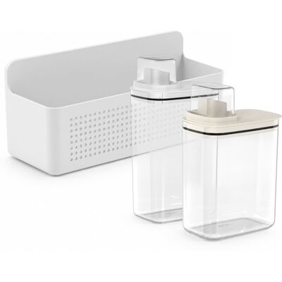 OU - Laundry Detergent Dispenser Set with Wall Rack, 50 oz & 77 oz Soap/Fabric Softener Dispensers with Measuring Cap - White OU - Laundry Detergent Dispenser Set with Wall Rack, 50 oz & 77 oz Soap/Fabric Softener Dispensers with Measuring Cap - White