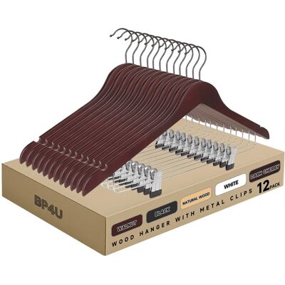 BP4U - 12-Pack Premium Wooden Clothes Hangers with Swivel Hook, Solid Wood Skirts/Pants Hangers with Clips for Suits Coats - Dark Cherry BP4U - 12-Pack Premium Wooden Clothes Hangers with Swivel Hook, Solid Wood Skirts/Pants Hangers with Clips for Suits Coats - Dark Cherry