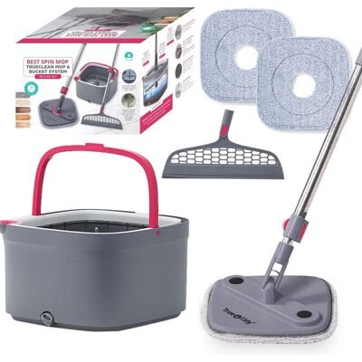 True & Tidy - Deluxe Spin Mop Dual Bucket True Clean System With Silicone Sweeper - Pink True & Tidy - Deluxe Spin Mop Dual Bucket True Clean System With Silicone Sweeper - Pink