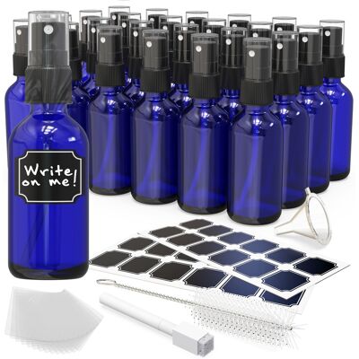 Nevlers - 2 Oz. Blue Glass Spray Bottles with Funnel, Brush, Shrink Wrap, Marker and Labels (Pack of 24) Nevlers - 2 Oz. Blue Glass Spray Bottles with Funnel, Brush, Shrink Wrap, Marker and Labels (Pack of 24)