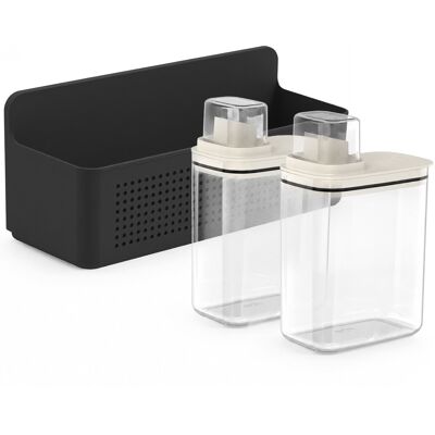 OU - Laundry Detergent Dispenser & Wall Rack Set, 2‑Pack 50 oz Clear Soap Dispensers w/ Measuring Cap & Hanging Storage Rack - Black OU - Laundry Detergent Dispenser & Wall Rack Set, 2‑Pack 50 oz Clear Soap Dispensers w/ Measuring Cap & Hanging Storage Rack - Black