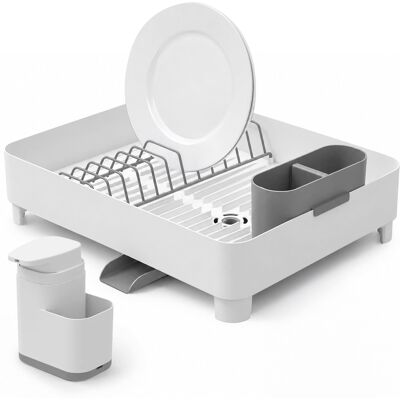 OU - Sink Organizer Set, Compact Dish Rack with Drain Spout & 19 oz Soap Dispenser with Sponge Holder - White OU - Sink Organizer Set, Compact Dish Rack with Drain Spout & 19 oz Soap Dispenser with Sponge Holder - White
