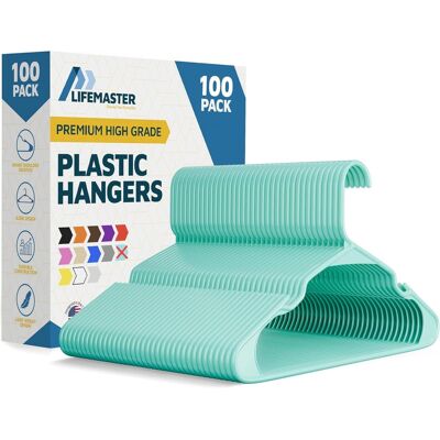 Lifemaster - Plastic Hangers – Heavy Duty, Non-Slip, Space-Saving, Holds 5 lbs, for Clothes, Dresses & Coats, Pack of 100 - Aqua Lifemaster - Plastic Hangers – Heavy Duty, Non-Slip, Space-Saving, Holds 5 lbs, for Clothes, Dresses & Coats, Pack of 100 - Aqua