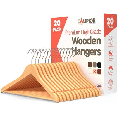 Campior - Wooden Hangers – 20-Pack, 360° Swivel Hook, Non-Slip, Pants Bar, Grooves, Space-Saving & Smooth Finish - Natural Campior - Wooden Hangers – 20-Pack, 360° Swivel Hook, Non-Slip, Pants Bar, Grooves, Space-Saving & Smooth Finish - Natural