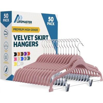 Lifemaster - Velvet Skirt Hangers – Adjustable Clips, Swivel Hook, Non-Slip Notch, Holds 10 lbs, Pack of 50 - Pink Lifemaster - Velvet Skirt Hangers – Adjustable Clips, Swivel Hook, Non-Slip Notch, Holds 10 lbs, Pack of 50 - Pink