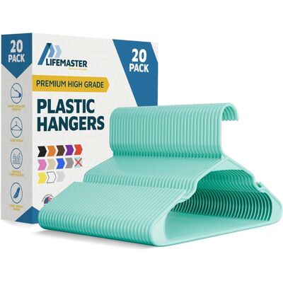 Lifemaster - Plastic Hangers – Heavy Duty, Non-Slip, Space-Saving, Holds 5 lbs, for Clothes, Dresses & Coats, Pack of 20 - Aqua Lifemaster - Plastic Hangers – Heavy Duty, Non-Slip, Space-Saving, Holds 5 lbs, for Clothes, Dresses & Coats, Pack of 20 - Aqua