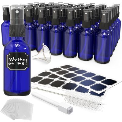 Nevlers - 2 Oz. Blue Glass Spray Bottles with Funnel, Brush, Shrink Wrap, Marker and Labels (Pack of 48) Nevlers - 2 Oz. Blue Glass Spray Bottles with Funnel, Brush, Shrink Wrap, Marker and Labels (Pack of 48)