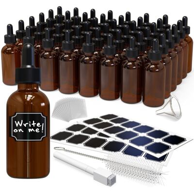 Nevlers - 2 Oz. Glass Dropper Bottles with Funnel, Brush, Shrink Wrap, Marker and Labels (Pack of 48) - Amber Nevlers - 2 Oz. Glass Dropper Bottles with Funnel, Brush, Shrink Wrap, Marker and Labels (Pack of 48) - Amber
