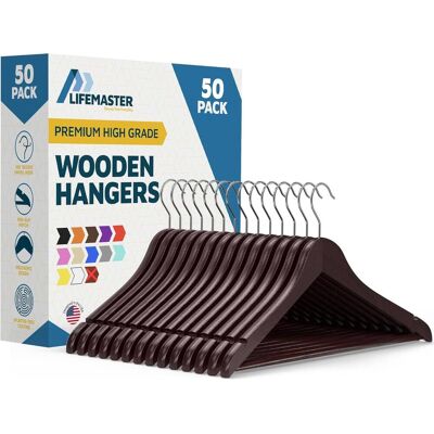 Lifemaster - Wooden Clothes Hangers – 50-Pack, 360° Swivel Hook, Non-Slip Notch, Pants Bar, Holds 10 lbs, for Suits, Coats & Dresses - Cherry Lifemaster - Wooden Clothes Hangers – 50-Pack, 360° Swivel Hook, Non-Slip Notch, Pants Bar, Holds 10 lbs, for Suits, Coats & Dresses - Cherry