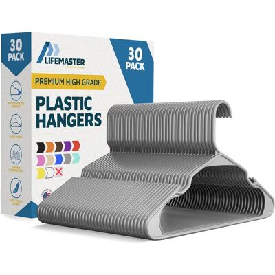 Lifemaster - Plastic Hangers – Heavy Duty, Non-Slip, Space-Saving, Holds 5 lbs, for Clothes, Dresses & Coats, Pack of 30 - Gray Lifemaster - Plastic Hangers – Heavy Duty, Non-Slip, Space-Saving, Holds 5 lbs, for Clothes, Dresses & Coats, Pack of 30 - Gray