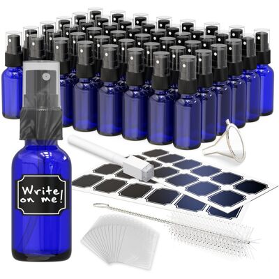 Nevlers - 1 Oz. Glass Spray Bottles with Funnel, Brush, Shrink Wrap, Marker and Labels (Pack of 48) - Blue Nevlers - 1 Oz. Glass Spray Bottles with Funnel, Brush, Shrink Wrap, Marker and Labels (Pack of 48) - Blue