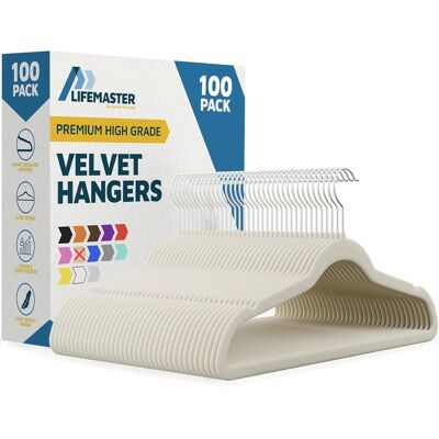 Lifemaster - Velvet Hanger Set – 100-Pack, Non-Slip, 360° Swivel Hook, Space-Saving, Lightweight, Smooth Velvet Finish - Ivory Lifemaster - Velvet Hanger Set – 100-Pack, Non-Slip, 360° Swivel Hook, Space-Saving, Lightweight, Smooth Velvet Finish - Ivory