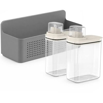 OU - Laundry Detergent Dispenser & Wall Rack Set, 2‑Pack 50 oz Clear Soap Dispensers w/ Measuring Cap & Hanging Storage Rack - Dark Gray OU - Laundry Detergent Dispenser & Wall Rack Set, 2‑Pack 50 oz Clear Soap Dispensers w/ Measuring Cap & Hanging Storage Rack - Dark Gray