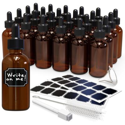Nevlers - 2 Oz. Glass Dropper Bottles with Funnel, Brush, Marker and Labels (Pack of 24) - Amber Nevlers - 2 Oz. Glass Dropper Bottles with Funnel, Brush, Marker and Labels (Pack of 24) - Amber