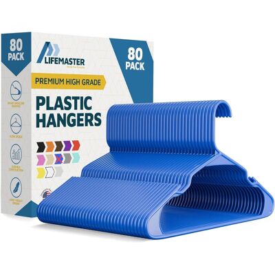 Lifemaster - Plastic Hangers – Heavy Duty, Non-Slip, Space-Saving, Holds 5 lbs, for Clothes, Dresses & Coats, Pack of 80 - Blue Lifemaster - Plastic Hangers – Heavy Duty, Non-Slip, Space-Saving, Holds 5 lbs, for Clothes, Dresses & Coats, Pack of 80 - Blue