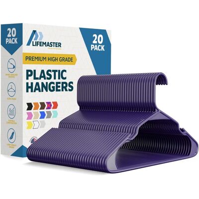 Lifemaster - Plastic Hangers – Heavy Duty, Non-Slip, Space-Saving, Holds 5 lbs, for Clothes, Dresses & Coats, Pack of 20 - Purple Lifemaster - Plastic Hangers – Heavy Duty, Non-Slip, Space-Saving, Holds 5 lbs, for Clothes, Dresses & Coats, Pack of 20 - Purple