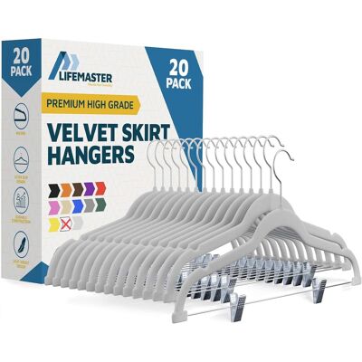 Lifemaster - Velvet Skirt Hangers – Adjustable Clips, Swivel Hook, Non-Slip Notch, Holds 10 lbs, Pack of 20 - White Lifemaster - Velvet Skirt Hangers – Adjustable Clips, Swivel Hook, Non-Slip Notch, Holds 10 lbs, Pack of 20 - White