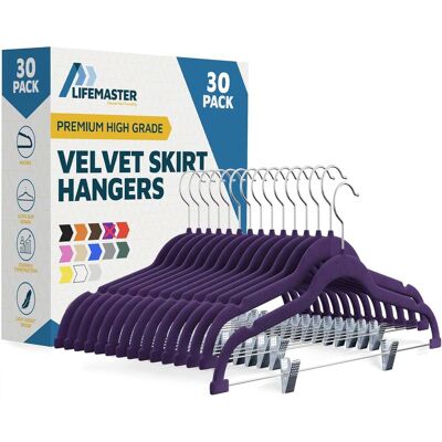 Lifemaster - Velvet Skirt Hangers – Adjustable Clips, Swivel Hook, Non-Slip Notch, Holds 10 lbs, Pack of 30 - Purple Lifemaster - Velvet Skirt Hangers – Adjustable Clips, Swivel Hook, Non-Slip Notch, Holds 10 lbs, Pack of 30 - Purple