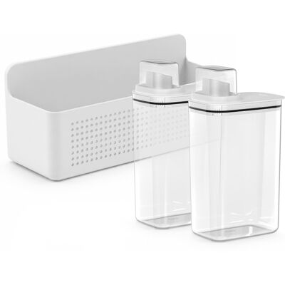 OU - Laundry Detergent Dispenser & Wall Rack Set, 2‑Pack 77 oz Soap Dispensers with Measuring Cap & Hanging Storage Organizer - White OU - Laundry Detergent Dispenser & Wall Rack Set, 2‑Pack 77 oz Soap Dispensers with Measuring Cap & Hanging Storage Organizer - White