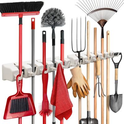 Home It - 2 Pack Broom and Mop Holder Wall Mount - Garage Garden Tool Organizer Rack with 5 Slots and 6 Hooks, Heavy Duty Storage - Off White Home It - 2 Pack Broom and Mop Holder Wall Mount - Garage Garden Tool Organizer Rack with 5 Slots and 6 Hooks, Heavy Duty Storage - Off White