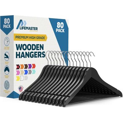 Lifemaster - Wooden Clothes Hangers – 80-Pack, 360° Swivel Hook, Non-Slip Notch, Pants Bar, Holds 10 lbs, for Suits, Coats & Dresses - Black Lifemaster - Wooden Clothes Hangers – 80-Pack, 360° Swivel Hook, Non-Slip Notch, Pants Bar, Holds 10 lbs, for Suits, Coats & Dresses - Black