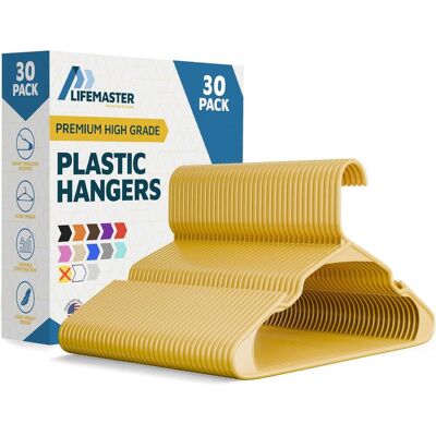 Lifemaster - Plastic Hangers – Heavy Duty, Non-Slip, Space-Saving, Holds 5 lbs, for Clothes, Dresses & Coats, Pack of 30 - Yellow Lifemaster - Plastic Hangers – Heavy Duty, Non-Slip, Space-Saving, Holds 5 lbs, for Clothes, Dresses & Coats, Pack of 30 - Yellow