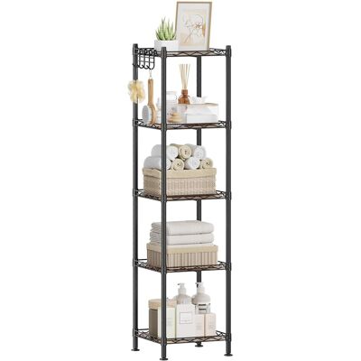 Songmics Home - 5-Tier Bathroom Shelf, Storage Rack for Small Space, with 5 PP Shelf Liners, Removable Hook, Extendable Design - Ink Black and Rustic Brown Songmics Home - 5-Tier Bathroom Shelf, Storage Rack for Small Space, with 5 PP Shelf Liners, Removable Hook, Extendable Design - Ink Black and Rustic Brown