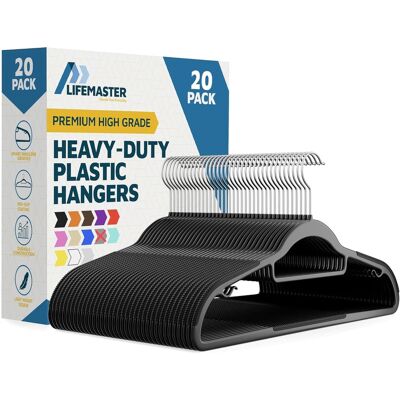 Lifemaster - 20-Pack Clothes Hangers – Heavy Duty, 360° Swivel Hook, Non-Slip, Space-Saving with Tie Bar & Pant Bar - Black Lifemaster - 20-Pack Clothes Hangers – Heavy Duty, 360° Swivel Hook, Non-Slip, Space-Saving with Tie Bar & Pant Bar - Black