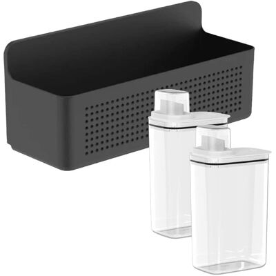 OU - Laundry Detergent Dispenser & Wall Rack Set, 2‑Pack 77 oz Soap Dispensers with Measuring Cap & Hanging Storage Organizer - Black OU - Laundry Detergent Dispenser & Wall Rack Set, 2‑Pack 77 oz Soap Dispensers with Measuring Cap & Hanging Storage Organizer - Black