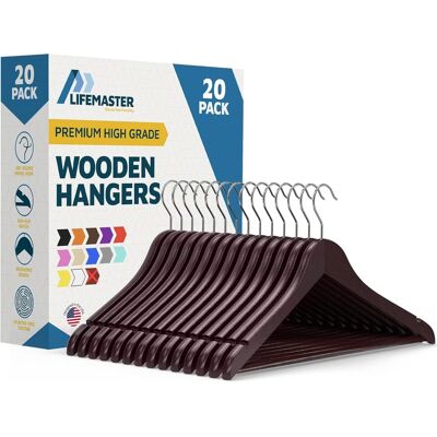 Lifemaster - Wooden Clothes Hangers – 20-Pack, 360° Swivel Hook, Non-Slip Notch, Pants Bar, Holds 10 lbs, for Suits, Coats & Dresses - Cherry Lifemaster - Wooden Clothes Hangers – 20-Pack, 360° Swivel Hook, Non-Slip Notch, Pants Bar, Holds 10 lbs, for Suits, Coats & Dresses - Cherry