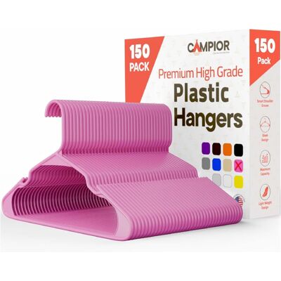 Campior - Plastic Hangers – 150-Pack, Heavy-Duty, Slim, Space-Saving, Non-Slip Notches, for Dresses, Suits, Jackets & More - Pink Campior - Plastic Hangers – 150-Pack, Heavy-Duty, Slim, Space-Saving, Non-Slip Notches, for Dresses, Suits, Jackets & More - Pink