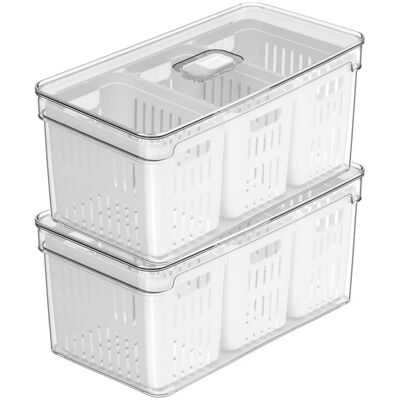 OU - Fridge Organizer Bins with Triple Drain Baskets & Vented Lids, Produce Kitchen Storage Bin - Clear OU - Fridge Organizer Bins with Triple Drain Baskets & Vented Lids, Produce Kitchen Storage Bin - Clear
